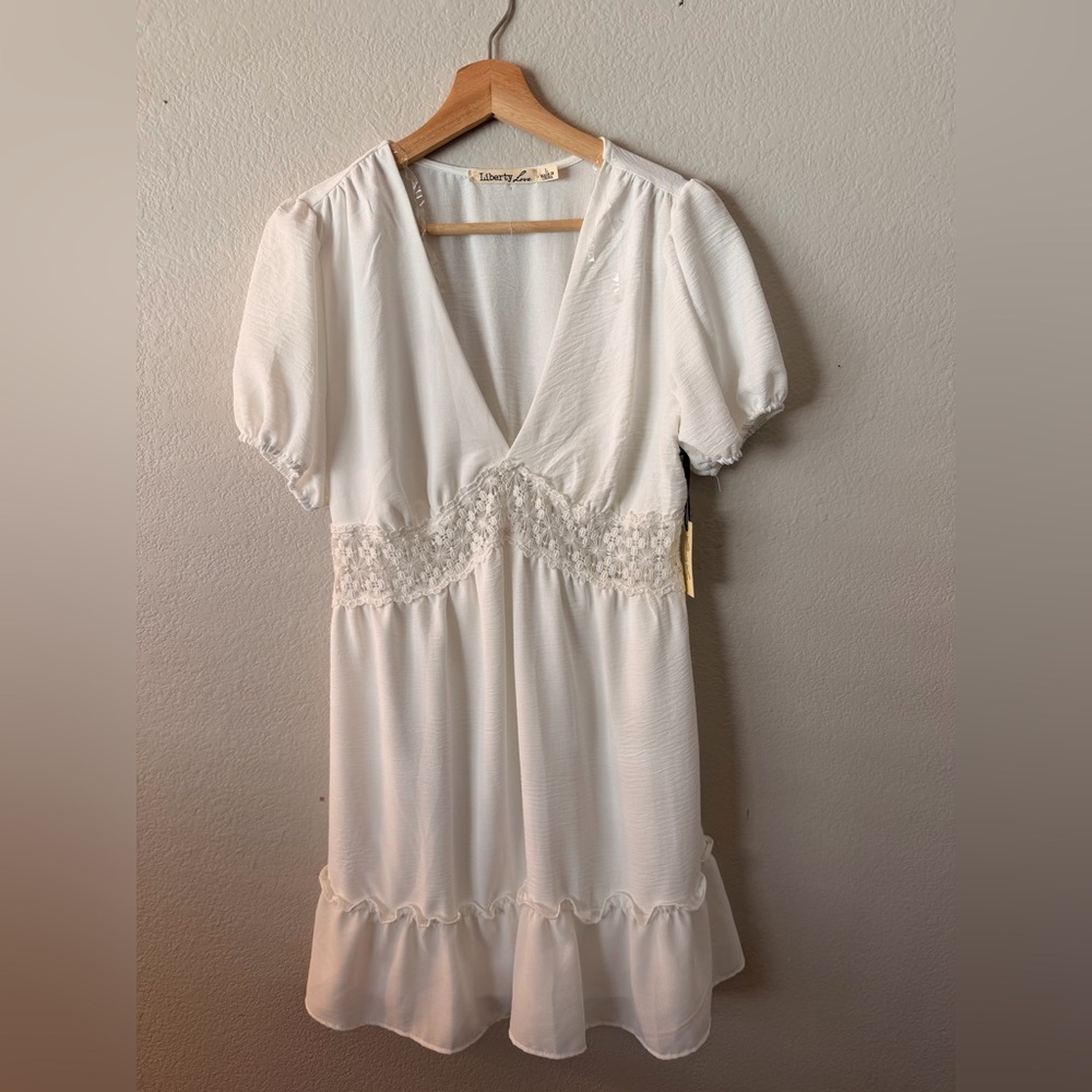 Liberty Love White V-Neck Lace Waist Ruffle Dress
